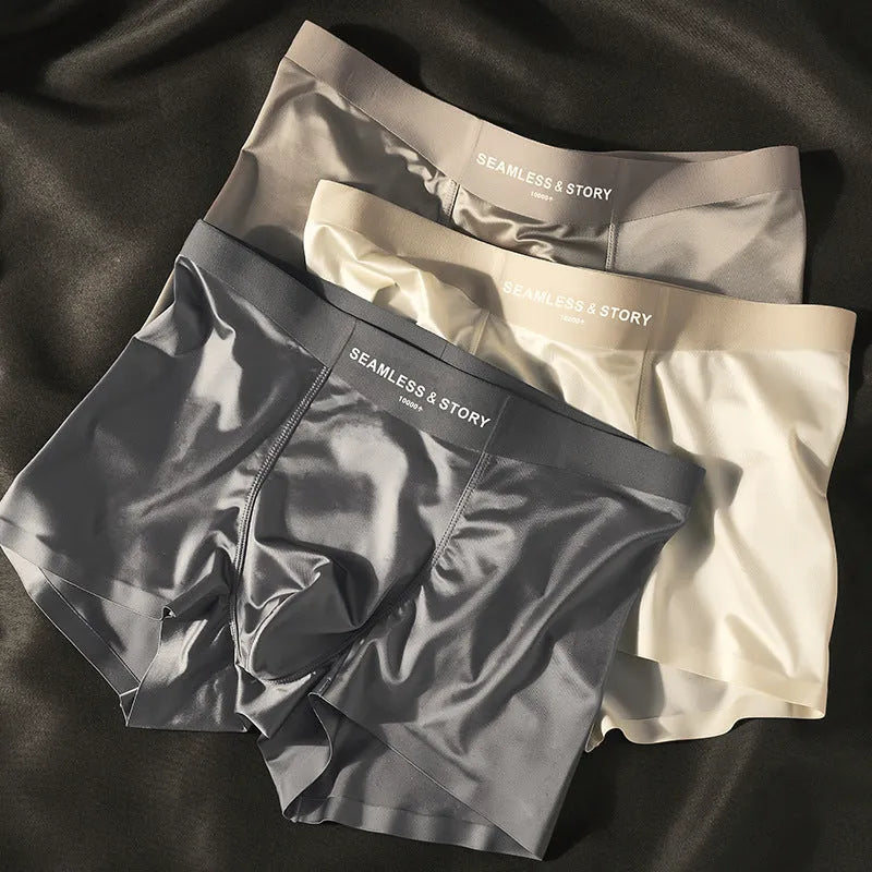Men's ice silk boxer shorts in solid colours showing mid waist traceless design