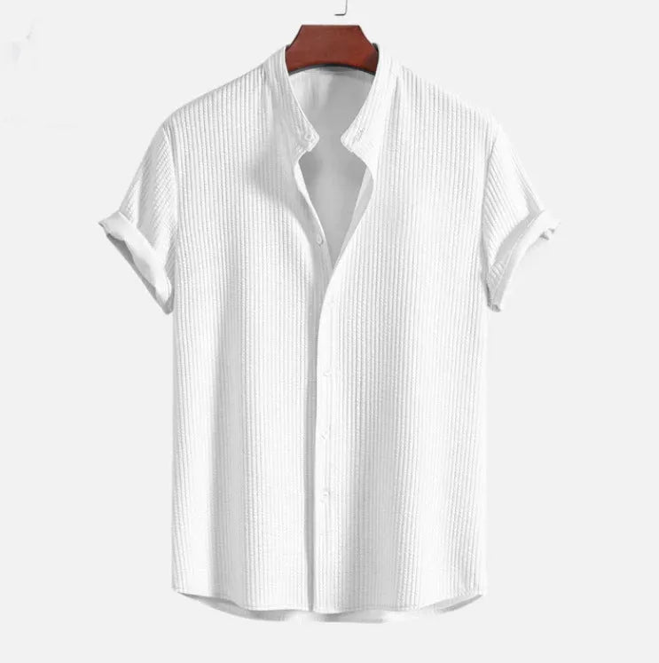 Men's loose fit short sleeve polyester shirt in multiple colour options including wine red, dark green and light blue