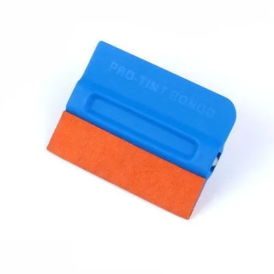 Car vinyl wrap scraper tool with black ABS plastic handle and interchangeable blue deerskin scraping pad.