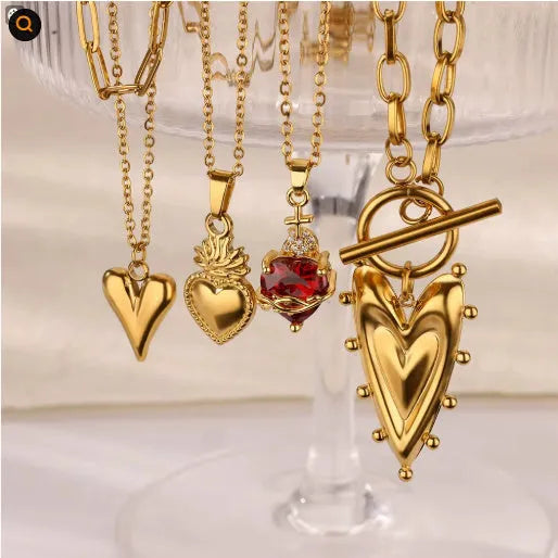 Stainless steel heart-shaped cross zircon necklace red pendant unisex 18K gold colour finish with adjustable chain