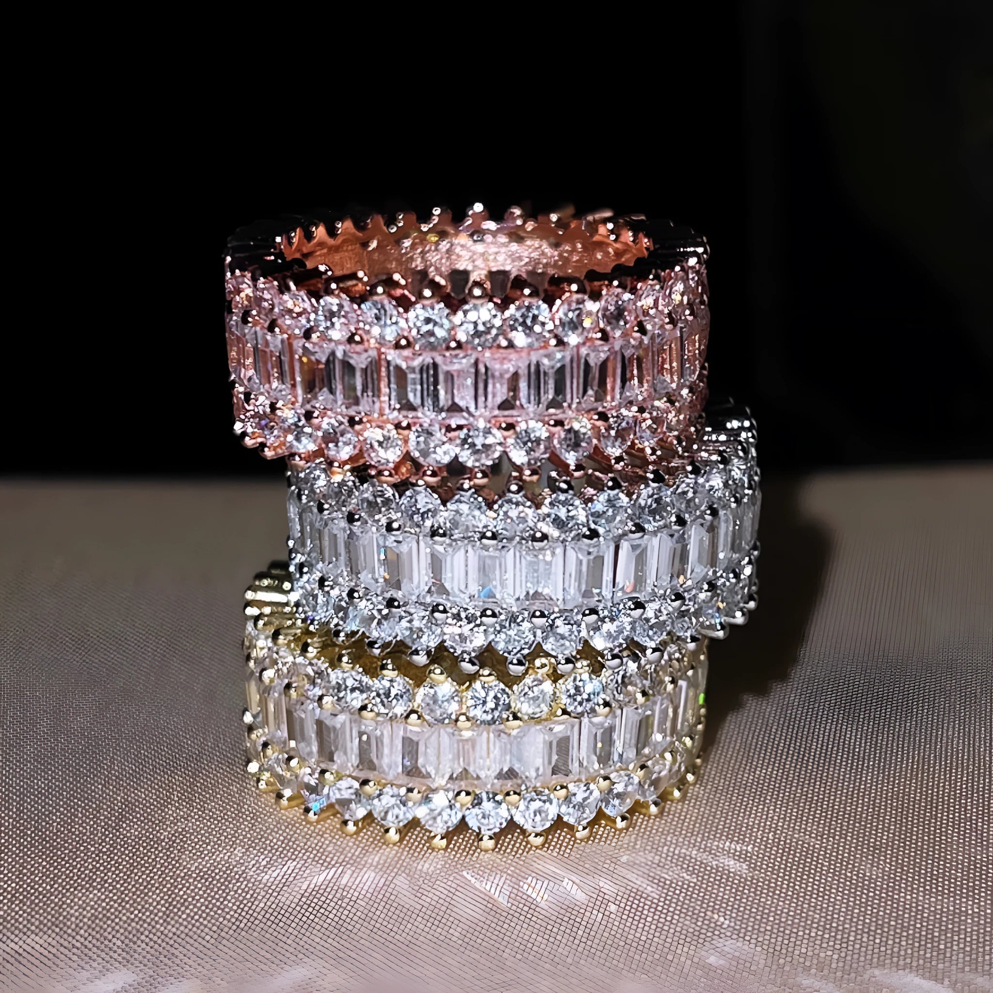 Geometric copper ring with zircon inlay in rose gold finish on neutral background
