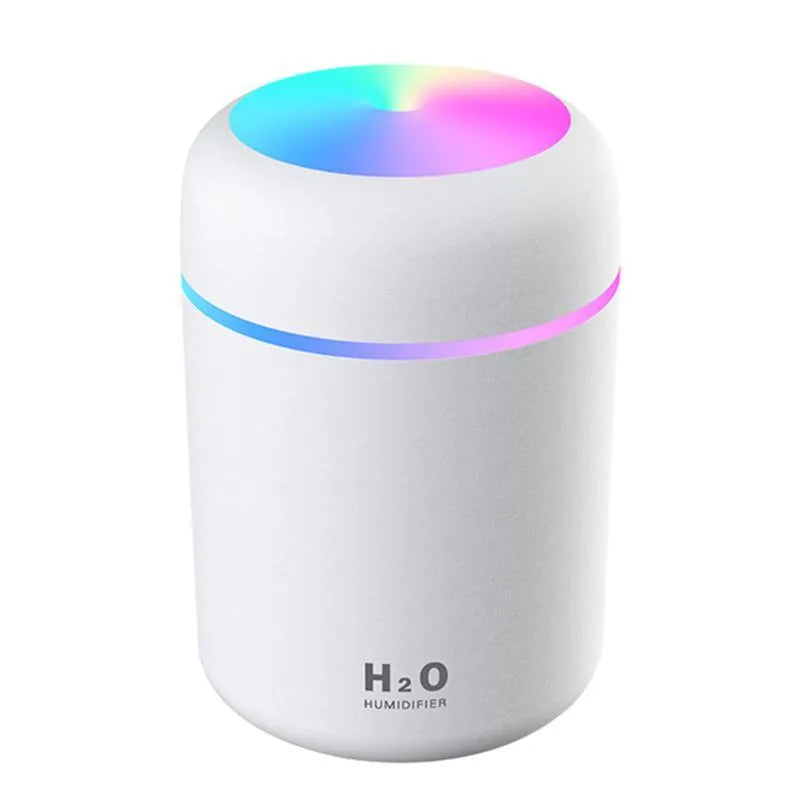 Car USB colourful cup air humidifier in pink with USB cord and water tank visible, compact design for cup holder use
