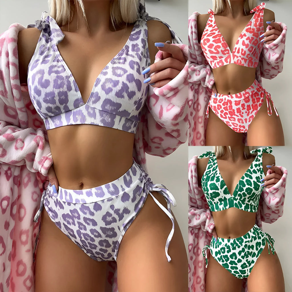 Women's purple leopard print high waist suit with lace-up sleeveless top and matching shorts