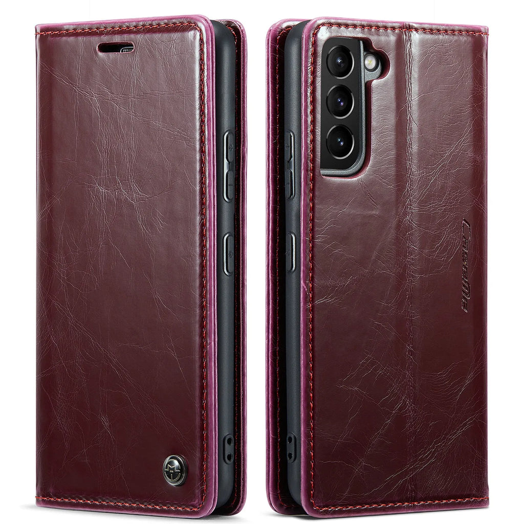 Crazy horse pattern PC leather card flip phone case for Samsung Galaxy A55, showing card slot and magnetic closure