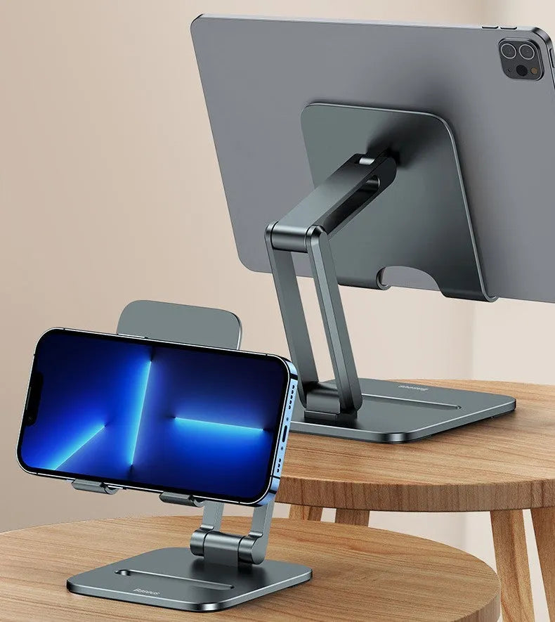 Deep space grey aluminium folding stand holding a tablet at an angle.