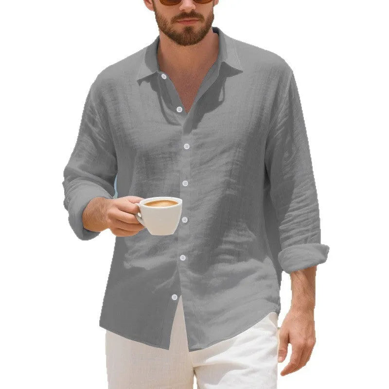 Men's loose fit linen casual shirt in light blue colour, showing non-ironing style.