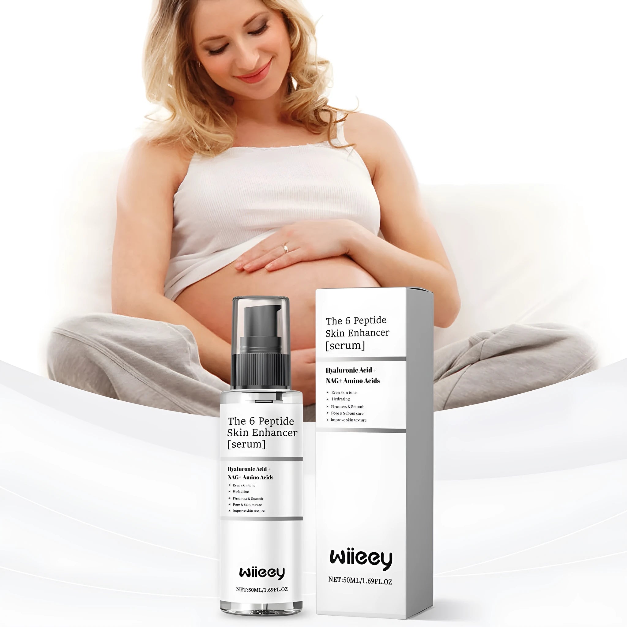 Skin enhancer serum bottle containing 50ml of formula with hyaluronic acid and peptide ingredients