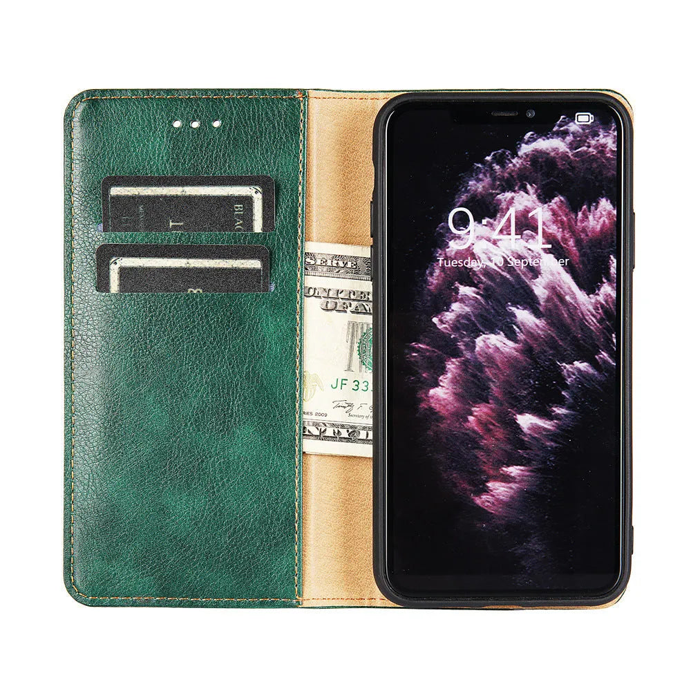Samsung PU leather magnetic flip case in classic black with card slot and adjustable stand open