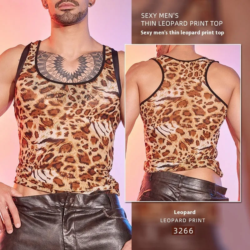 Men's leopard print mesh lingerie top with high elasticity nylon construction