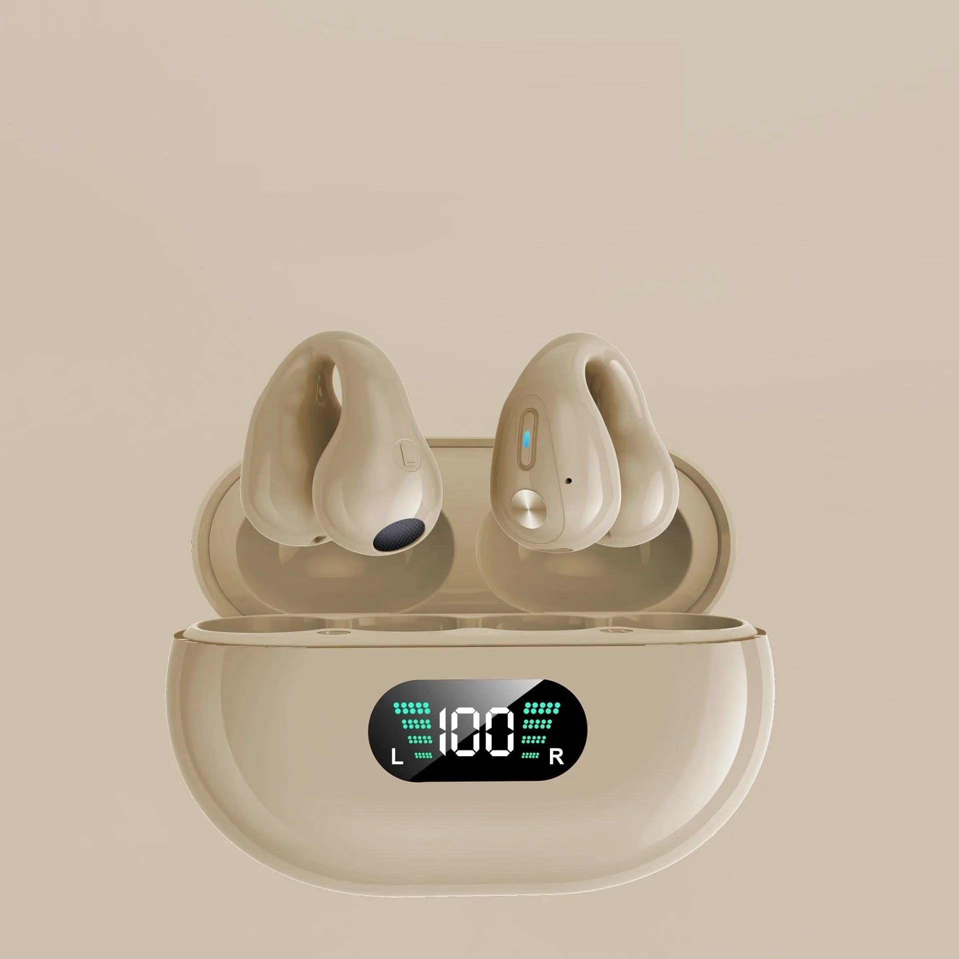 Bone conduction Bluetooth headset clip in black, white, or khaki colours showing ear-clip design