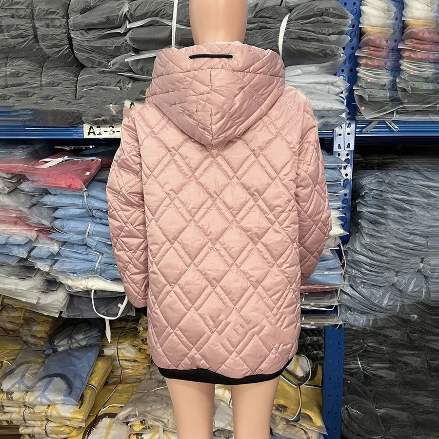 Women's casual hooded coat in black or pink with long sleeves