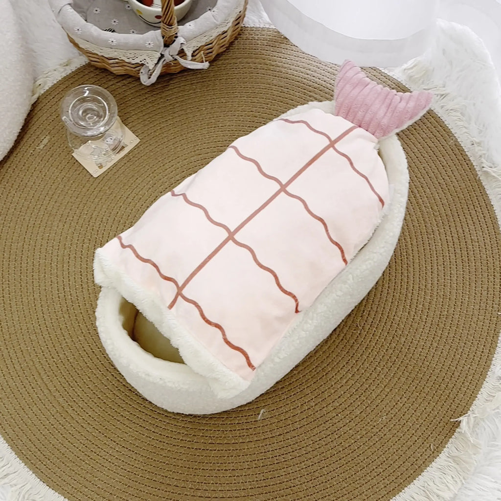 Sushi-shaped warm pet nest mattress with removable plush cover for cats and dogs
