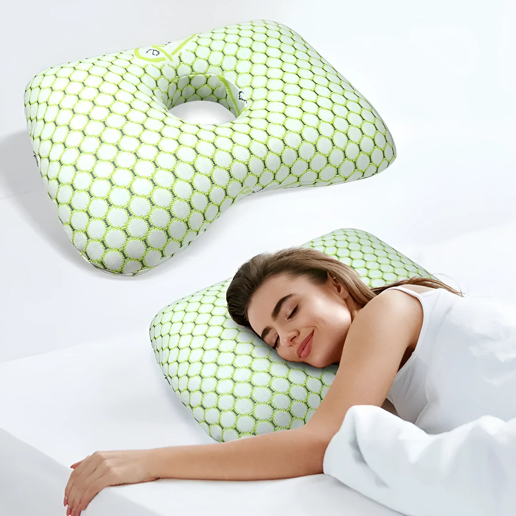 Beauty salon single hole ear pillow in grey colour, showing central ear hole and rectangular shape.