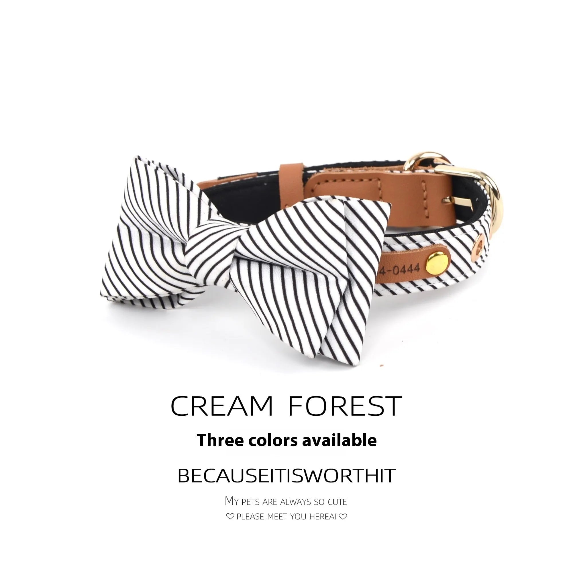 Simple cotton dog collar with detachable leather-accented bow in three colour options