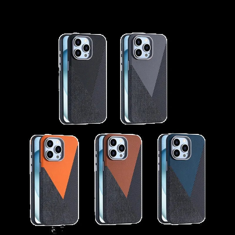 iPhone 15 Pro magnetic case with three-pigment leather finish in black, brown, orange, sapphire blue, and titanium gray