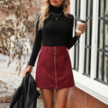 High waist stitching zipper short skirt for women in polyester, black colour, front view
