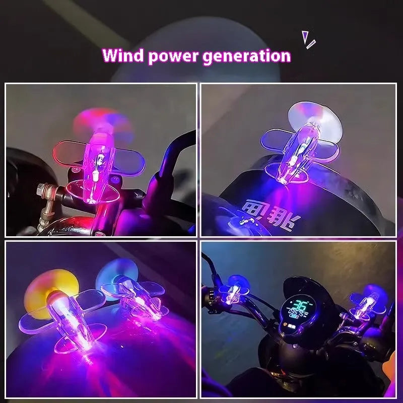 Wind powered LED car decoration with rotating flying chair or small airplane ornament in blue, red, transparent, or yellow