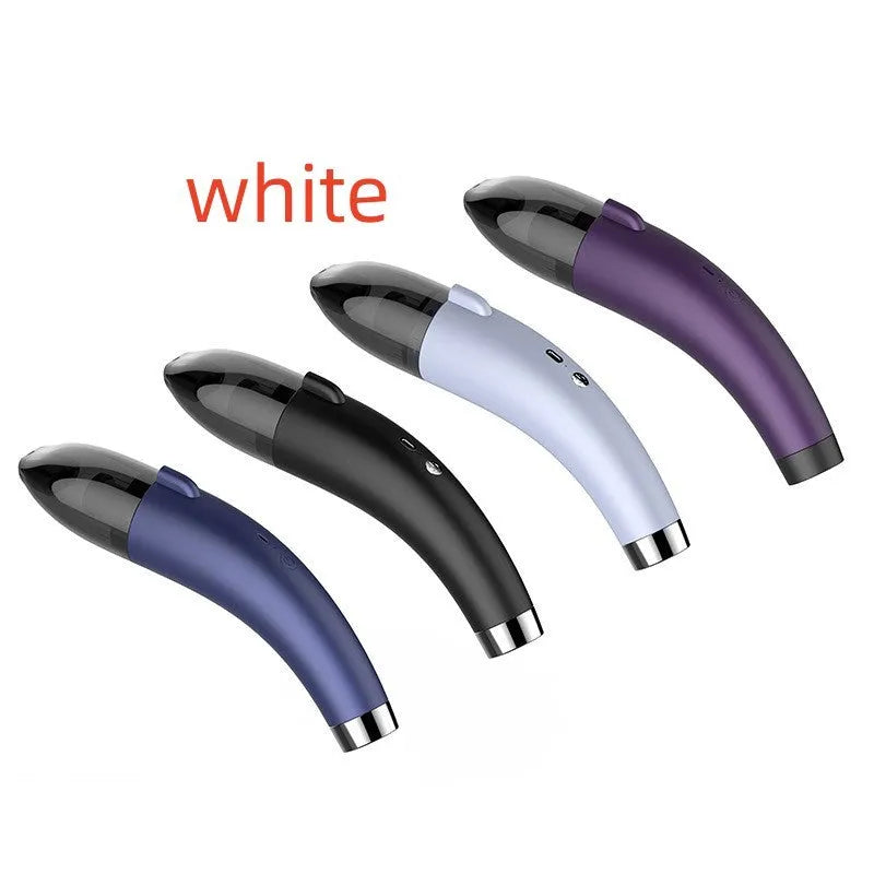 Handheld wireless car vacuum cleaner with USB charging cable showing black and white colour options