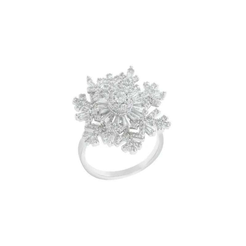 Copper rotating snowflake ring for women, adjustable opening, gold colour, floral shape, electroplated finish