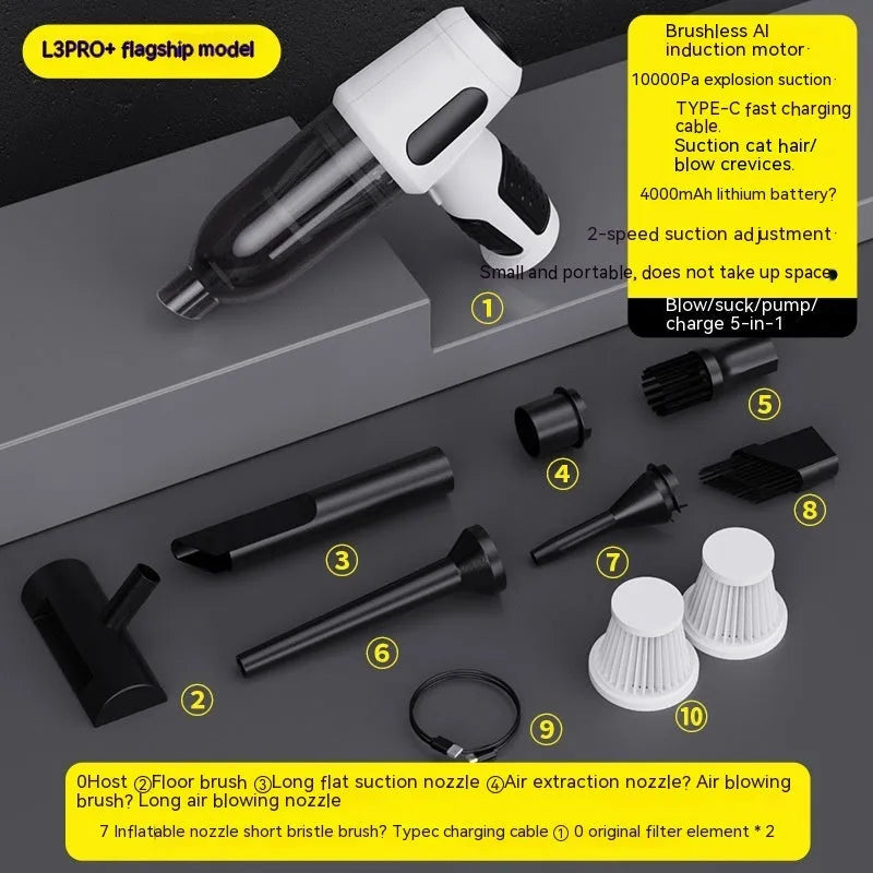 Black cordless handheld car vacuum cleaner with attached brush nozzle and charging cable.