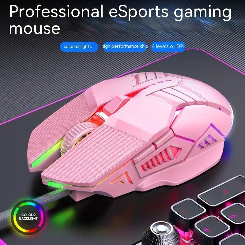 Wired mouse 6D colourful luminous mute version in black, white, and pink with USB cable