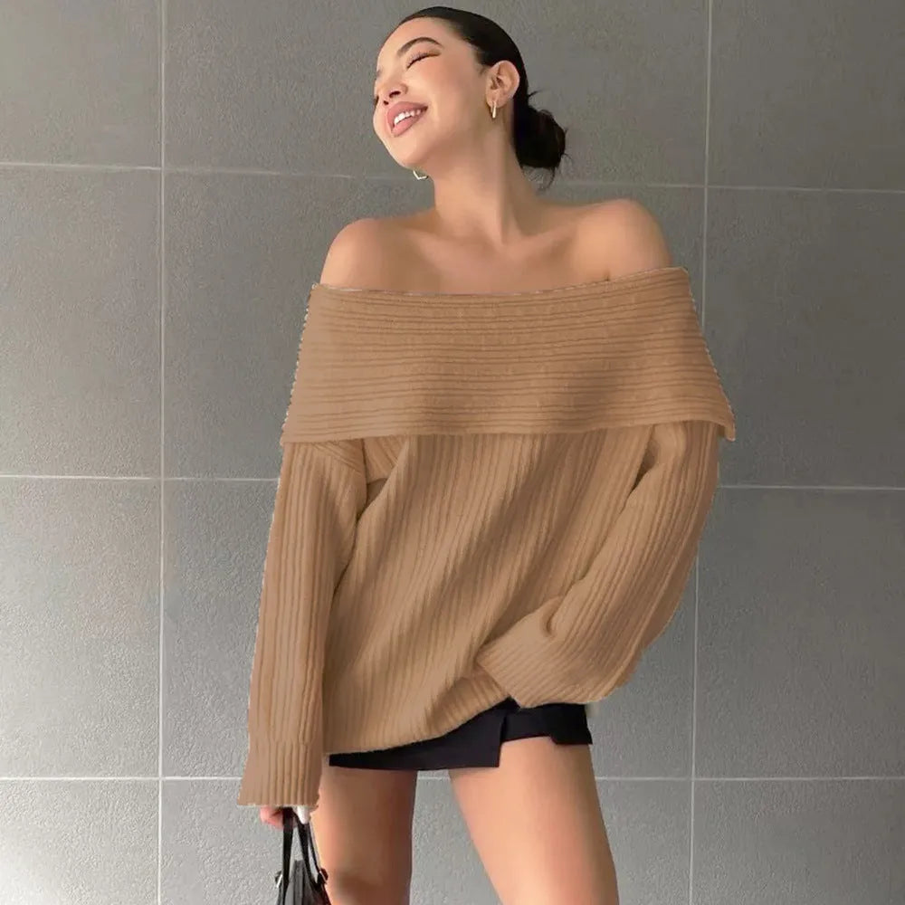 Women's loose off-neck long sleeve pullover sweater in acrylic fabric