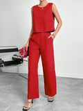 Women's red sleeveless top and wide leg trousers two-piece clothing set