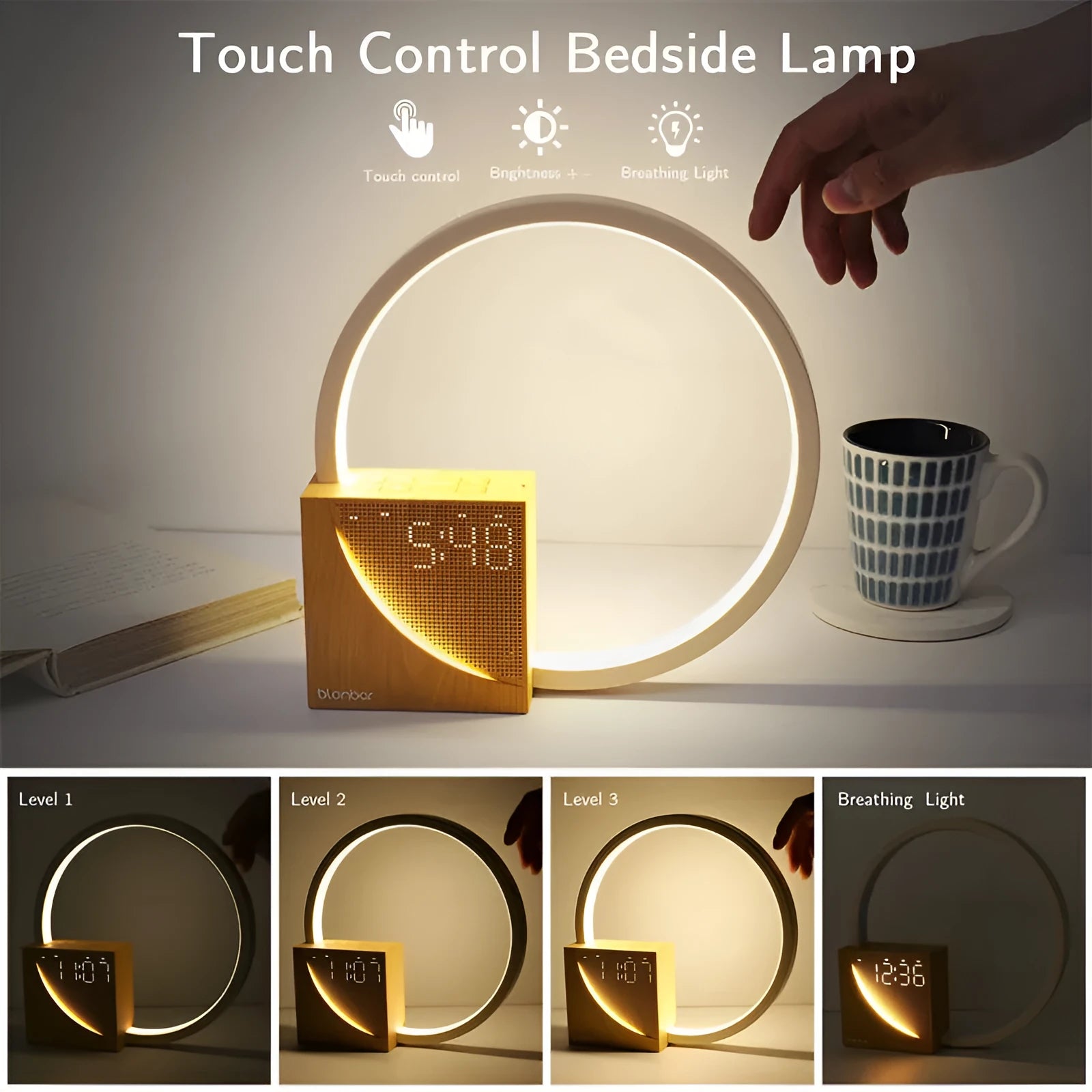 Navy blue touch control bedside lamp with digital alarm clock display and natural sounds functions.