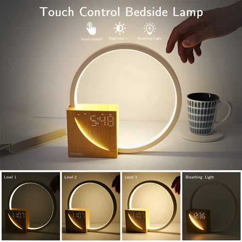 Navy blue touch control bedside lamp with digital alarm clock display and natural sounds functions.
