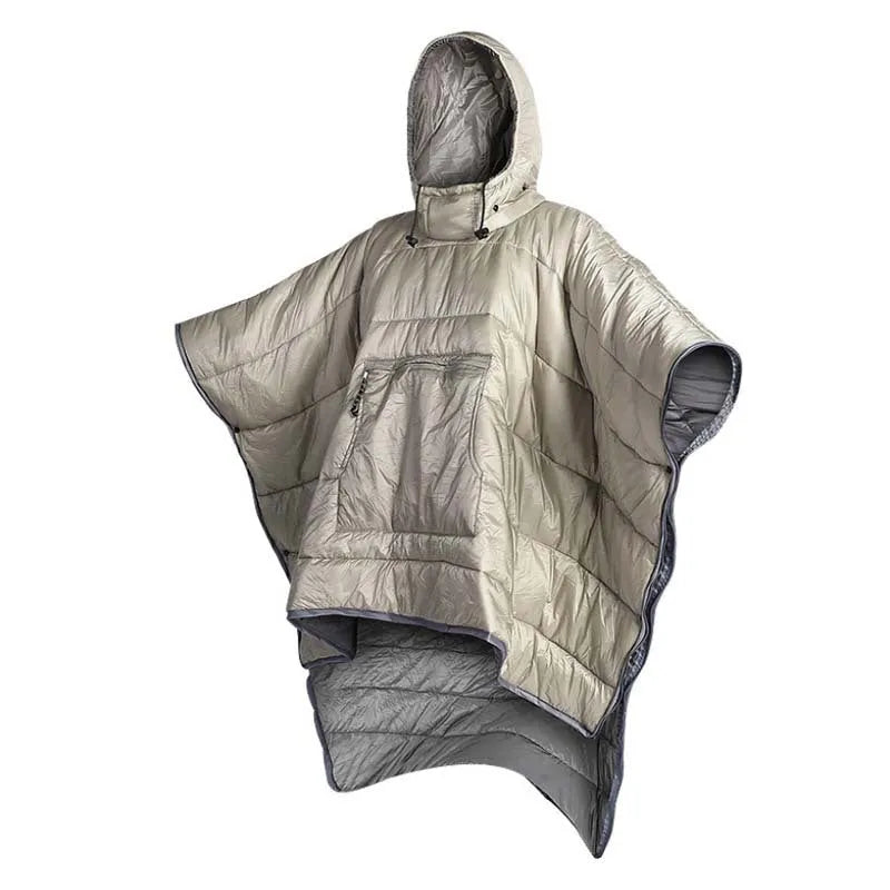 Grey adult outdoor cloak sleeping bag convertible to wearable camping cape with nylon fabric