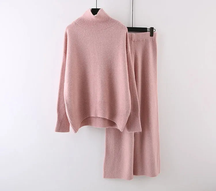 Women's beige acrylic fibre sweater and wide-leg trousers two-piece casual set.