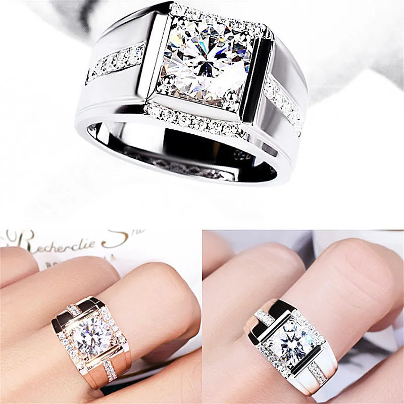 Men's adjustable open mouth imitation moissanite ring in electroplated copper with diamond geometry