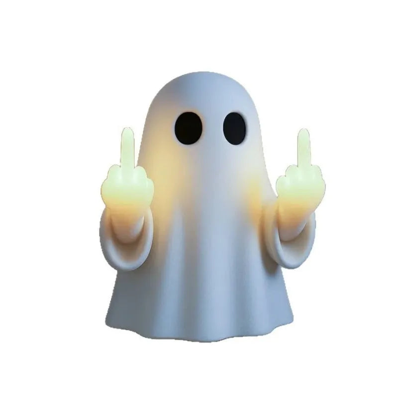 Plastic ghost statue night lamp in white with a modern simple style, 19.85cm tall, on a wooden shelf