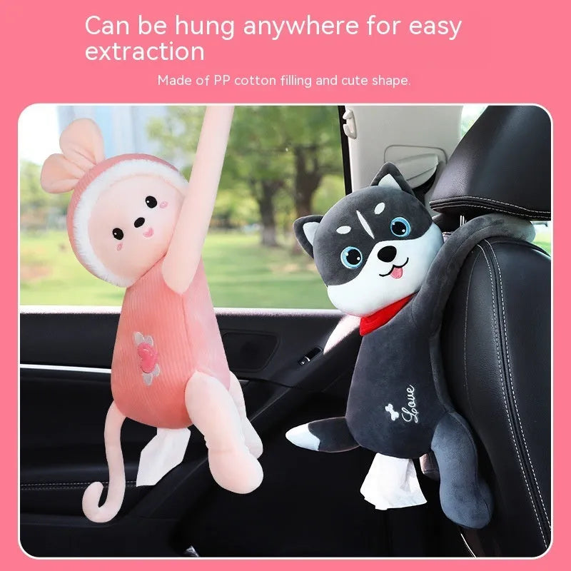 Soft plush car seat back tissue box holder with cute animal design