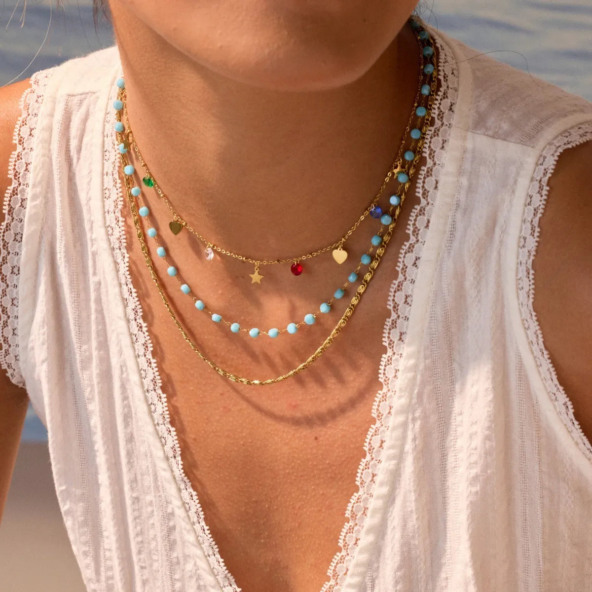 Colorful beaded stainless steel gold-plated double-layer clavicle chain necklace for women with geometric pendant