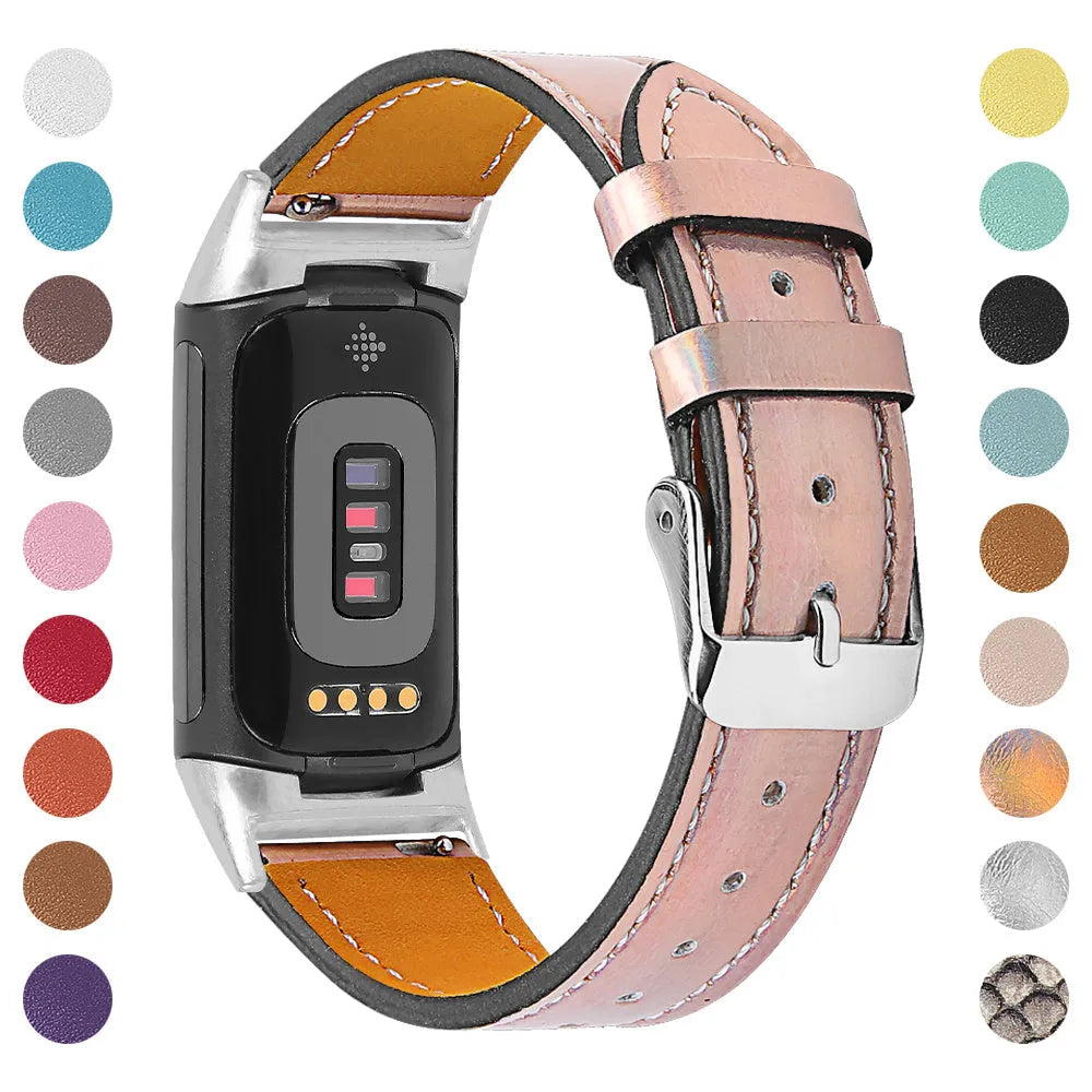 Genuine cowhide leather replacement strap for Fitbit Charge 5 and Charge 6 smartwatches in various colours.