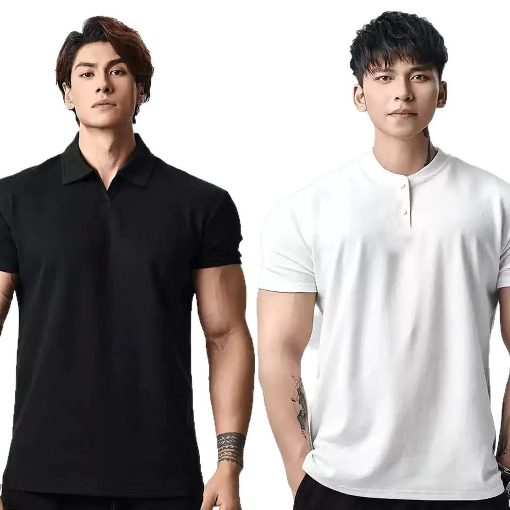 Men's loose fit retro t-shirt in white, black, or grey with choice of Henry or polo collar