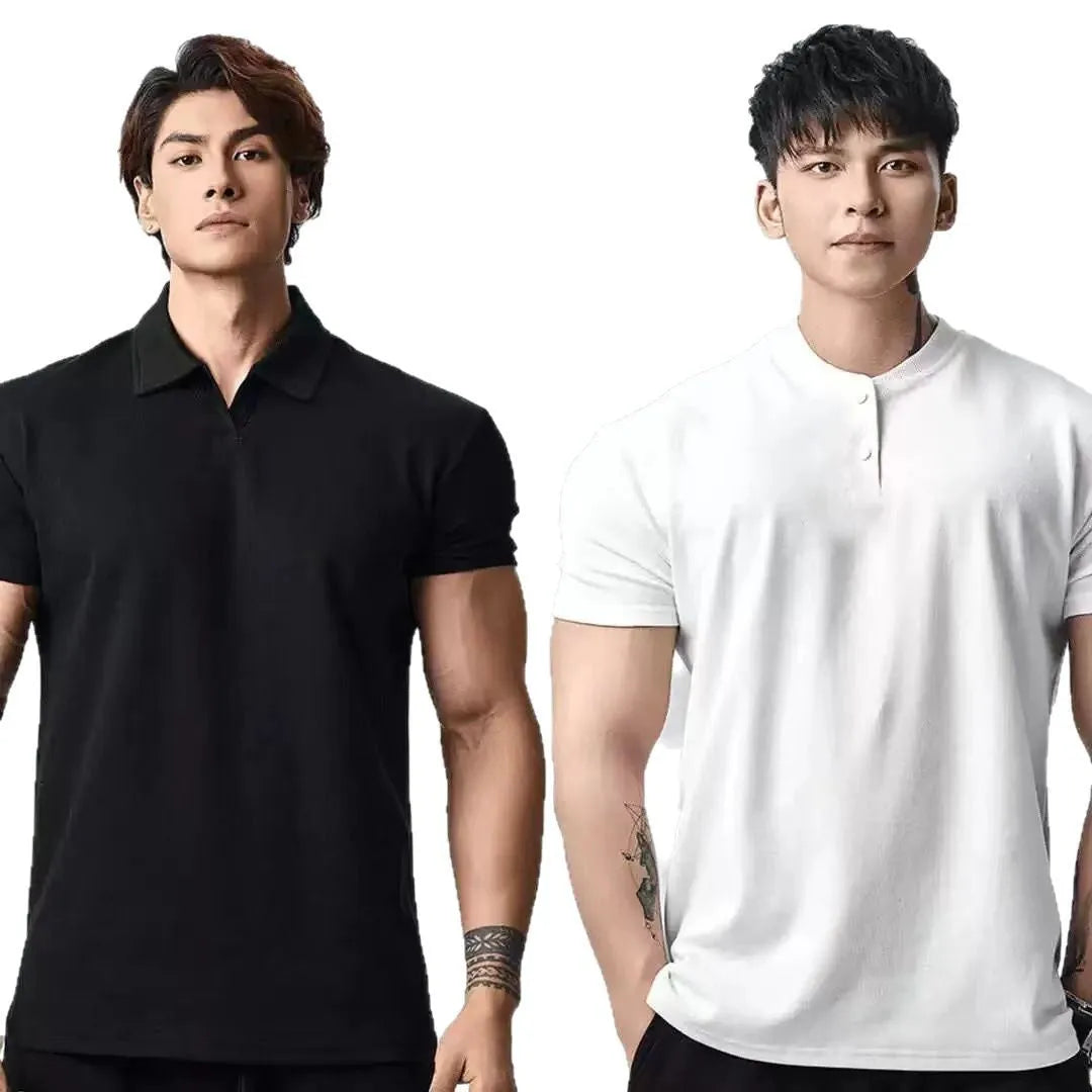 Men's loose fit retro t-shirt in white, black, or grey with choice of Henry or polo collar
