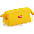 Large-capacity oxford cloth pencil case with a double zipper, shown in yellow, black, and dark blue colour options.