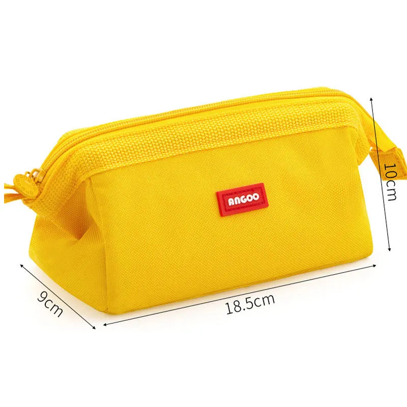 Large-capacity oxford cloth pencil case with a double zipper, shown in yellow, black, and dark blue colour options.
