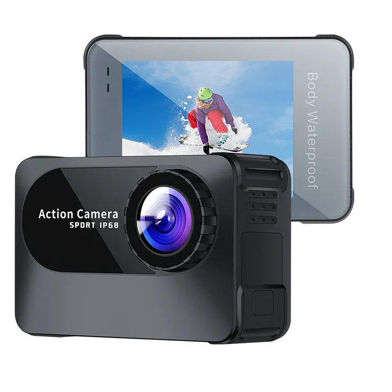 Black compact action camera with touchscreen, shown for outdoor sports and dashcam use.