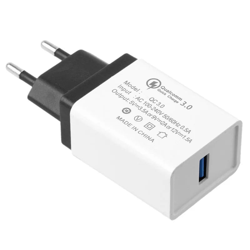 QC3.0 fast charge travel mobile phone charger in multiple colours with EU or US plug options
