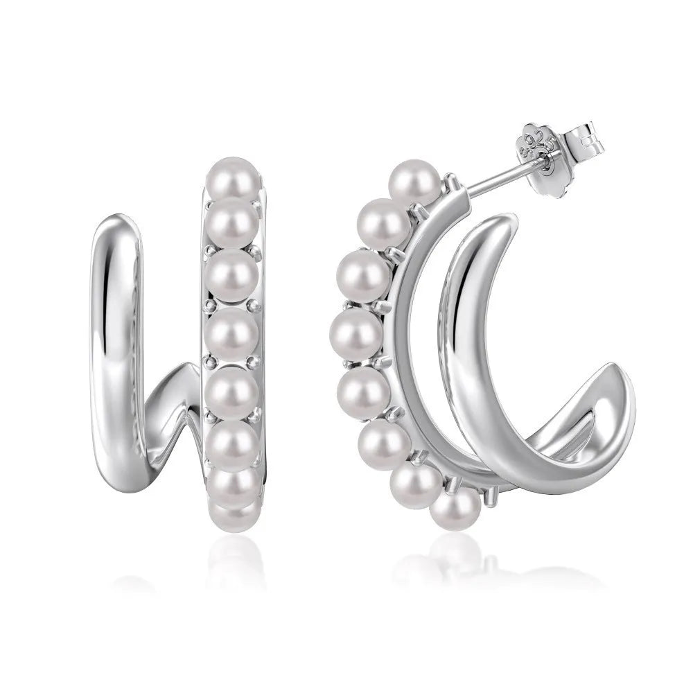 Women's 925 silver shell pearl drop earrings with electroplated platinum finish, 9x21mm size