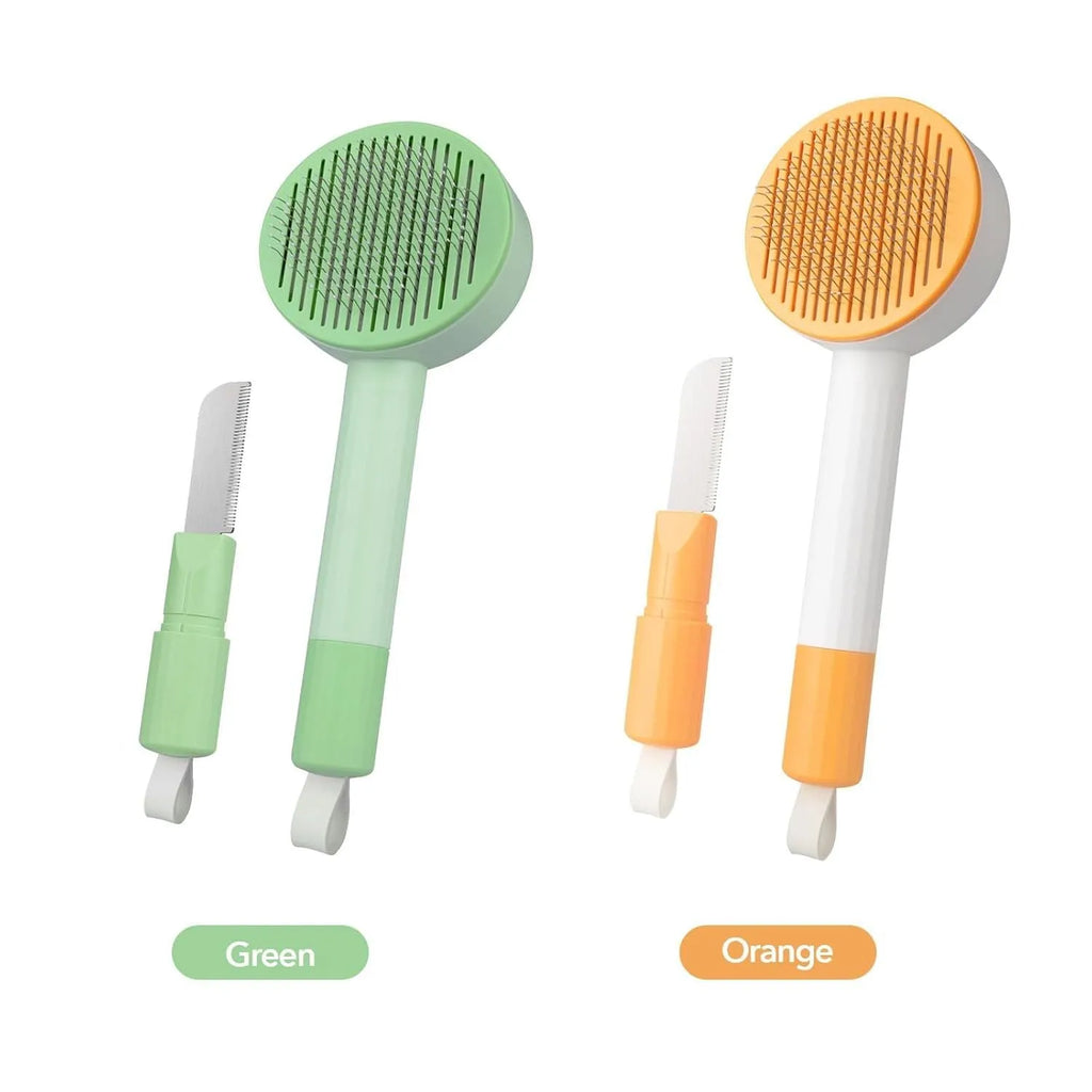 Green and yellow pet grooming brush with stainless steel teeth and a hanging loop for storage.