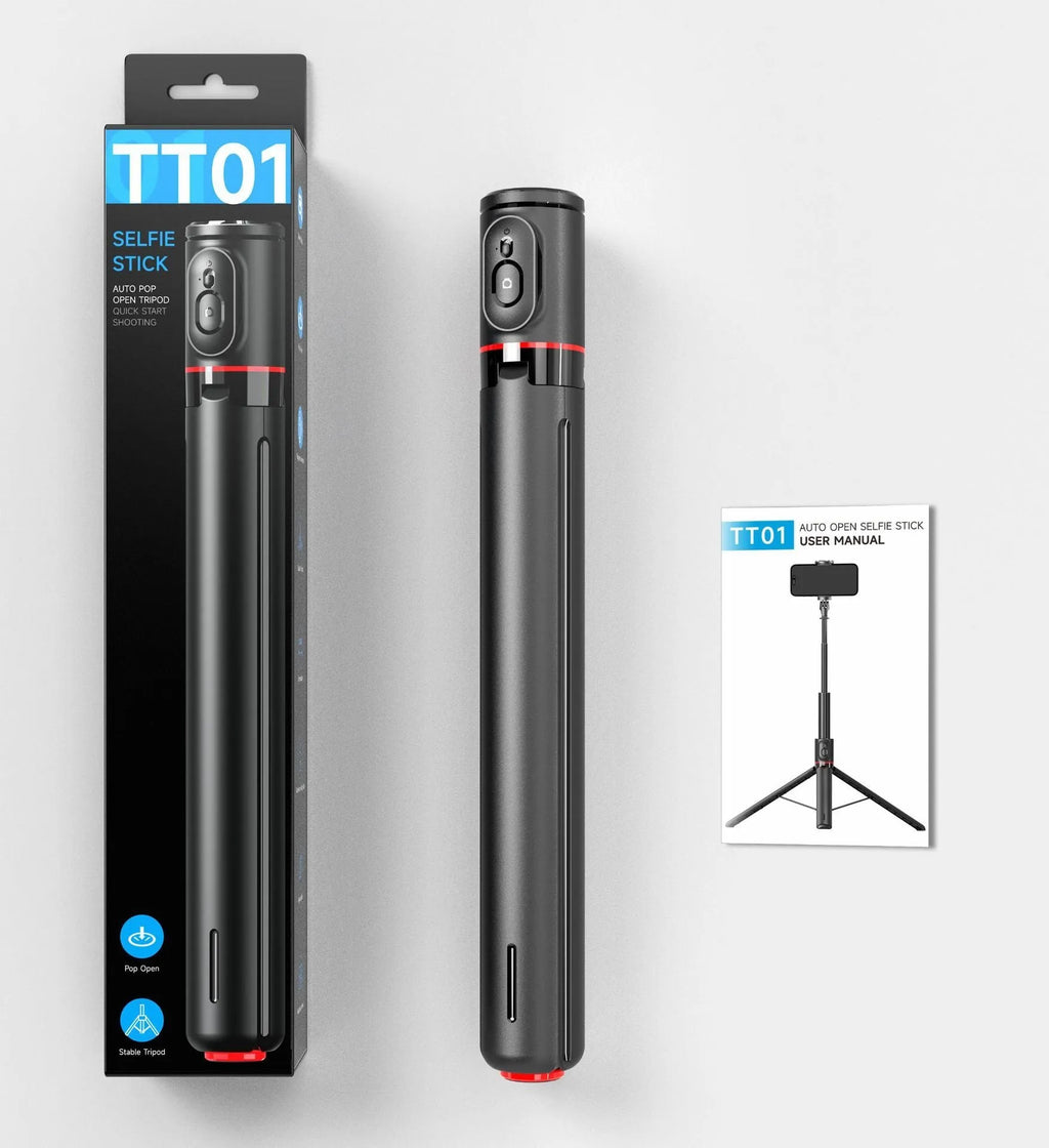 Retractable aluminium alloy selfie stick with Bluetooth remote and tripod base in black