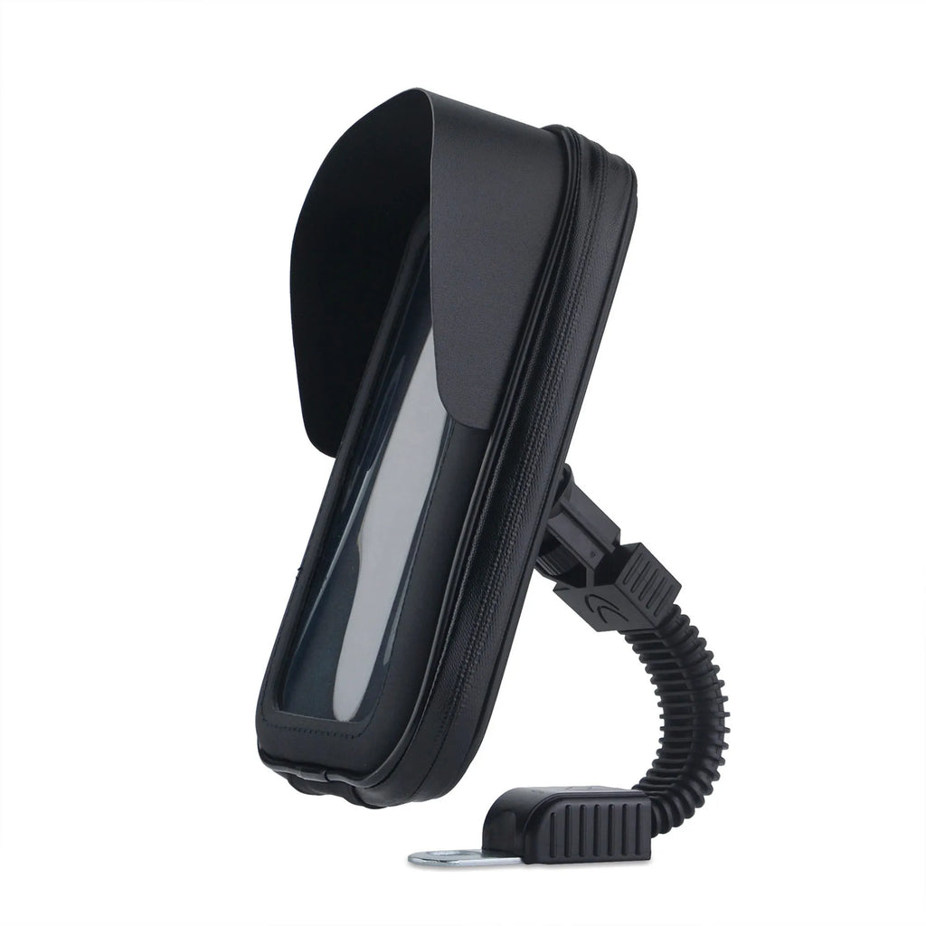 XL black bicycle waterproof phone mount bag made of PU leather, shown on handlebars with sun visor attached.