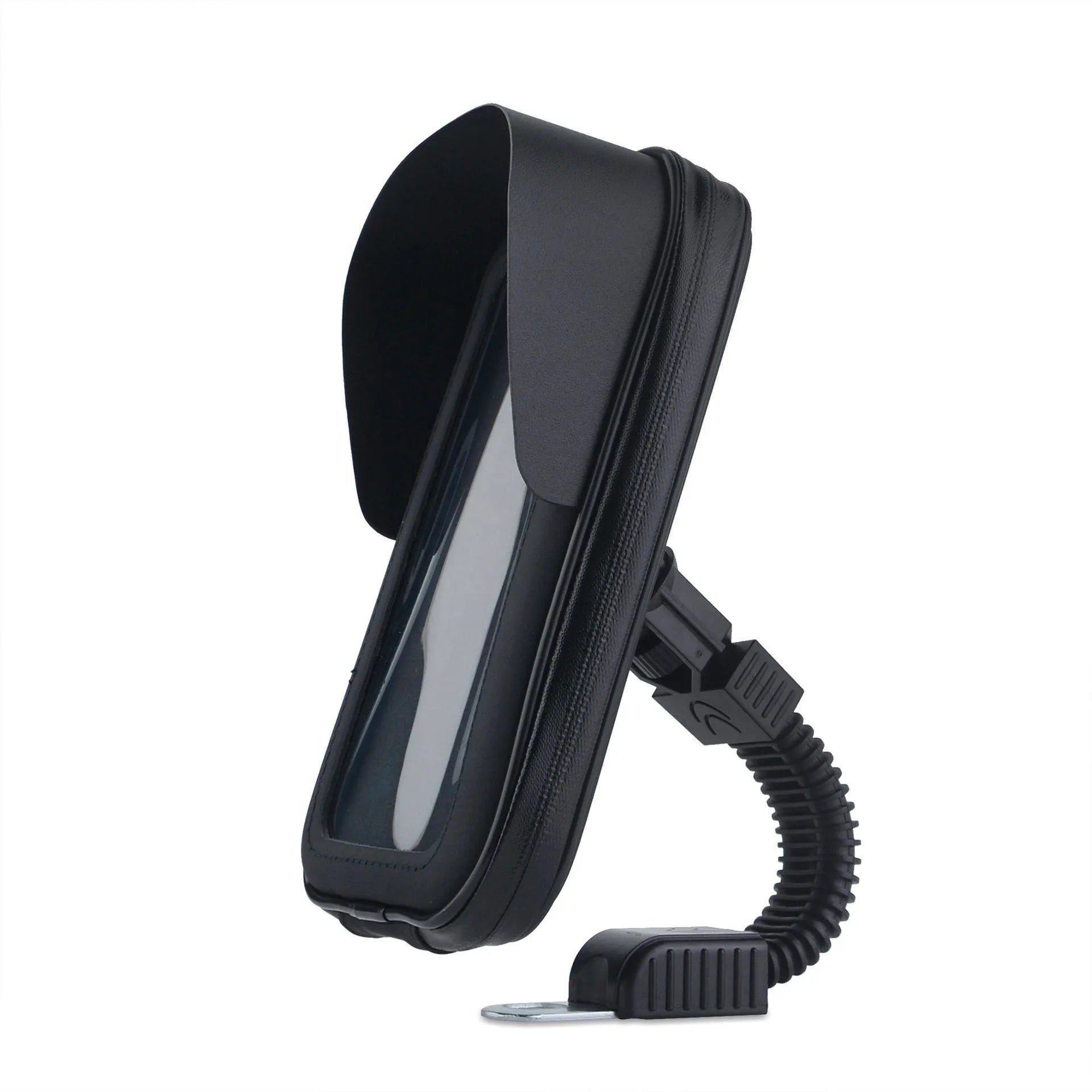 XL black bicycle waterproof phone mount bag made of PU leather, shown on handlebars with sun visor attached.