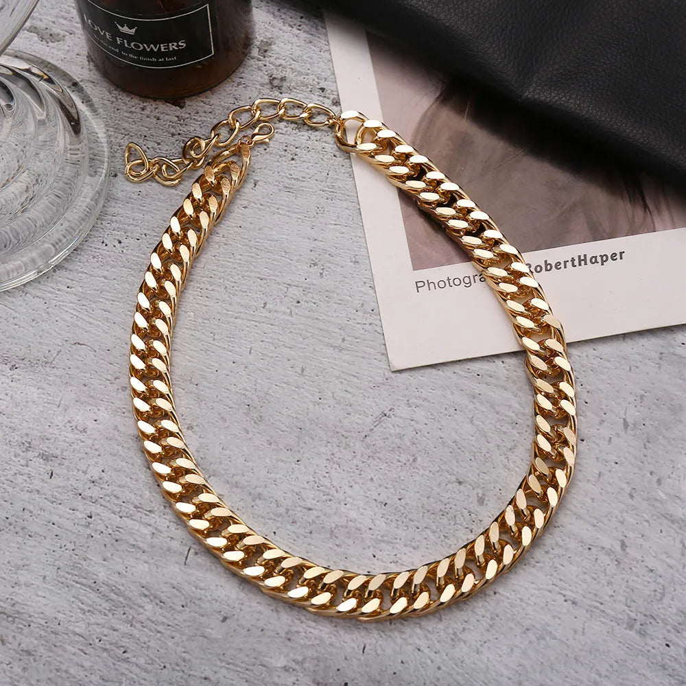 Gold electroplated thick chain necklace for women, measuring 32cm long and 6cm wide.