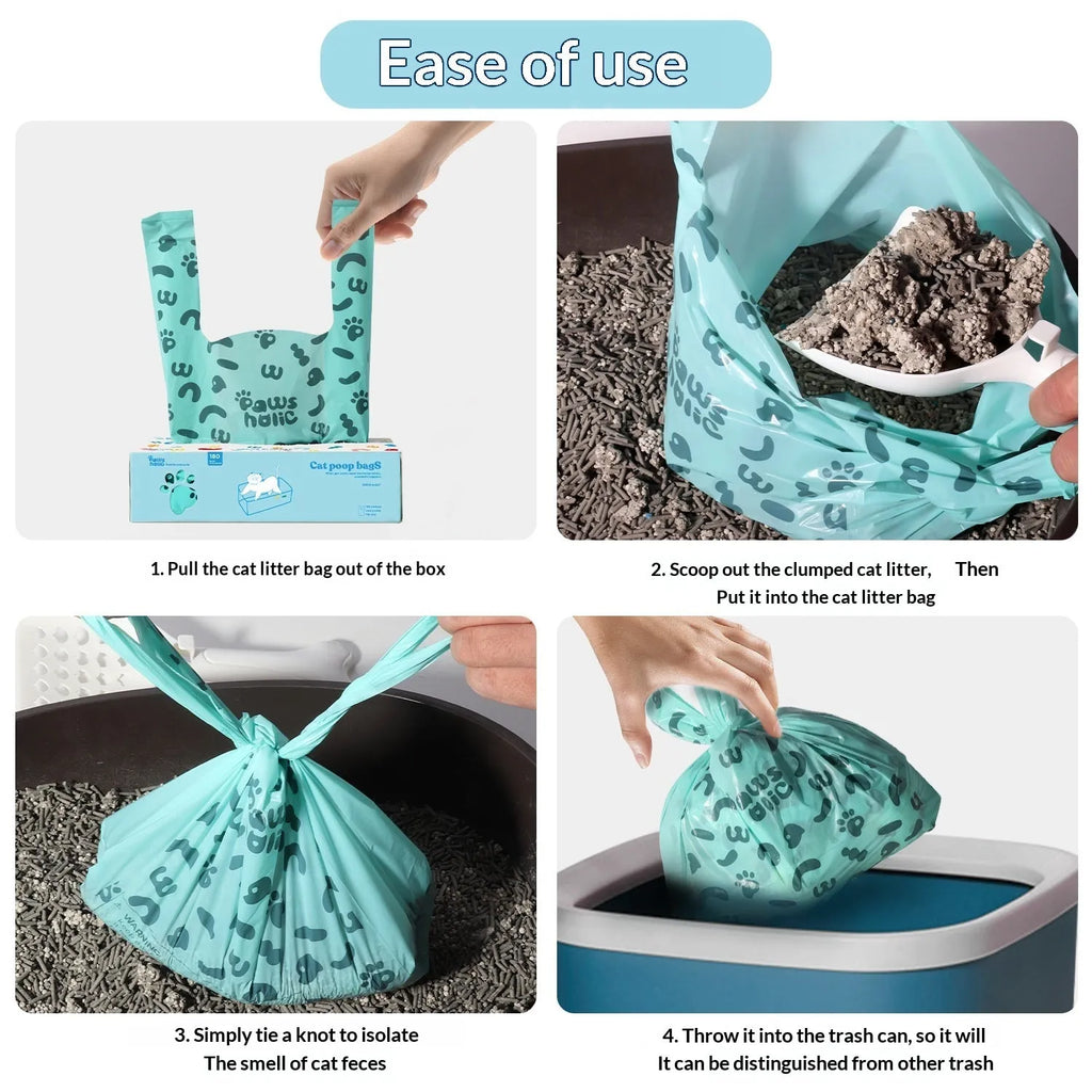 Blue deodorising cat litter bags for poop disposal with shovel compatibility, simple home style