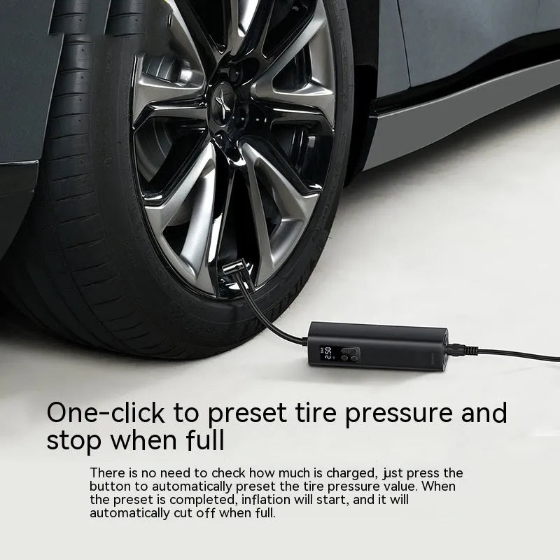 Black digital display car tyre inflator with 12V power cord and 18cm hose